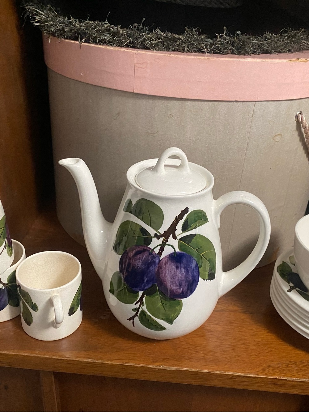 1930s 1940s White Ceramic Coffee Set with Hand-Painted Purple Plums